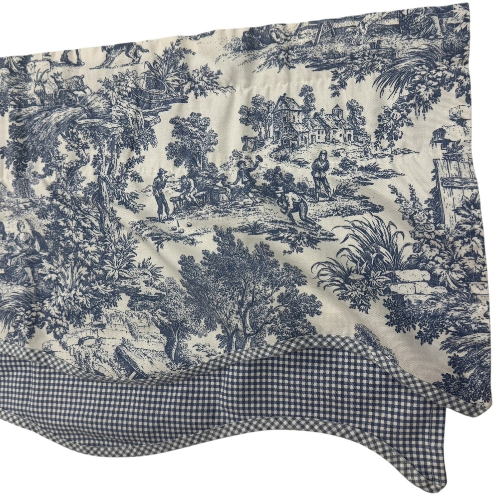 Vintage Blue Toile Scalloped Valance Gingham Trim Cotton Made in USA 65"x16"